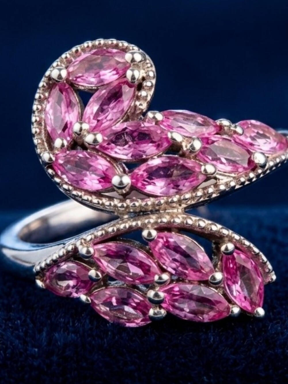 Vintage 925 Sterling Silver Pink Marquise Crystal Open Band Bypass Ring Sz 8